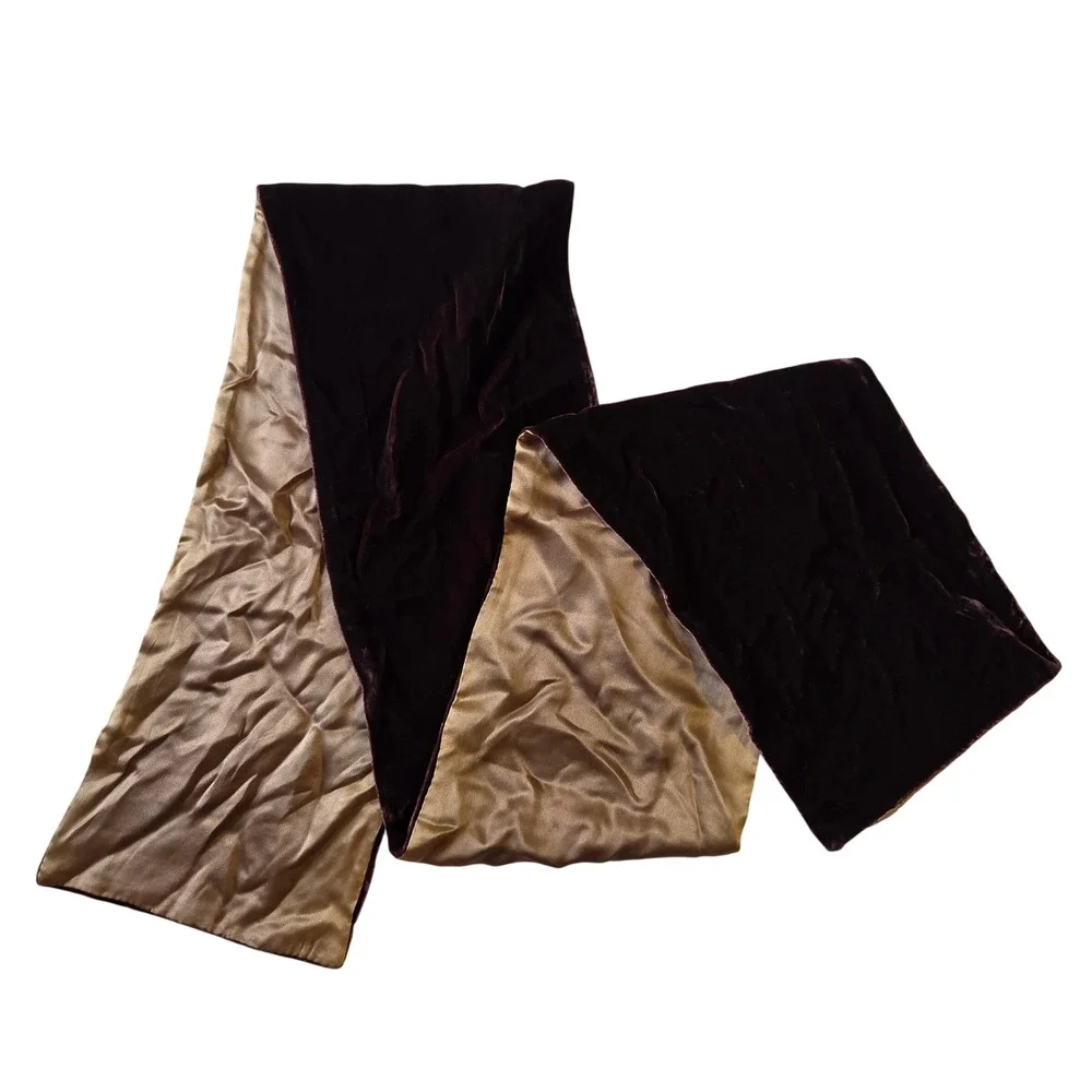 Chocolate Brown Silk Blend Velvet Scarf Gold Satin Backing Reversible 58in